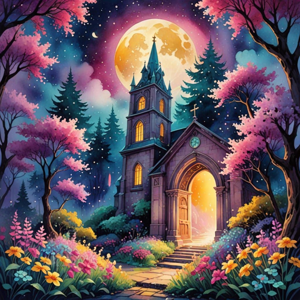 Magical Glowing Waterfall Church with Giant Moon