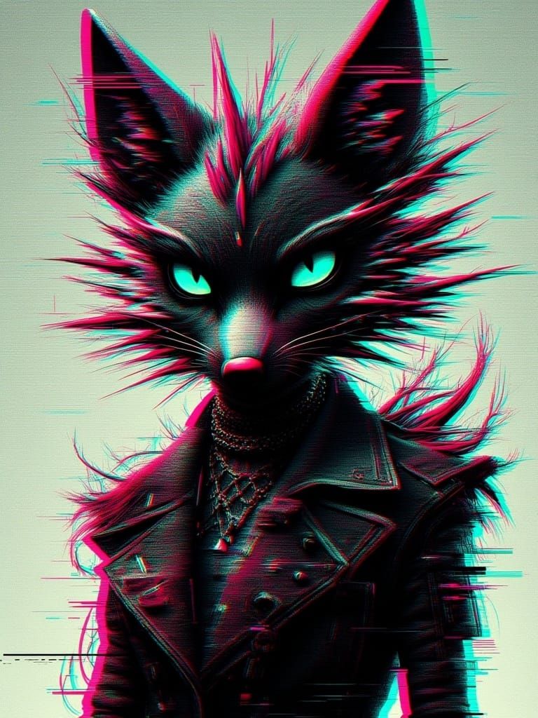Glitched Robotic Wolf Girl in Glitchpunk Style