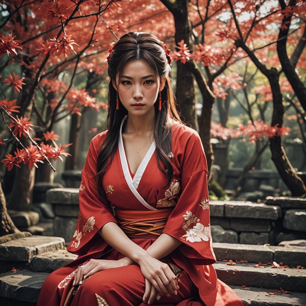 Mai Shiranui, age 18, beautiful face, beautiful eyes, wearing a sensual red japanese dress, sitting
