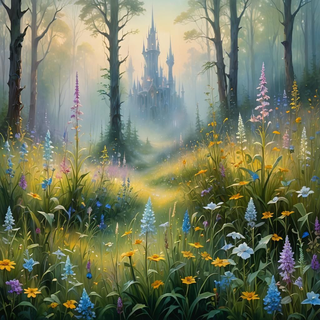 Surreal Forest Glade with Crystal Spires, Oil Painting