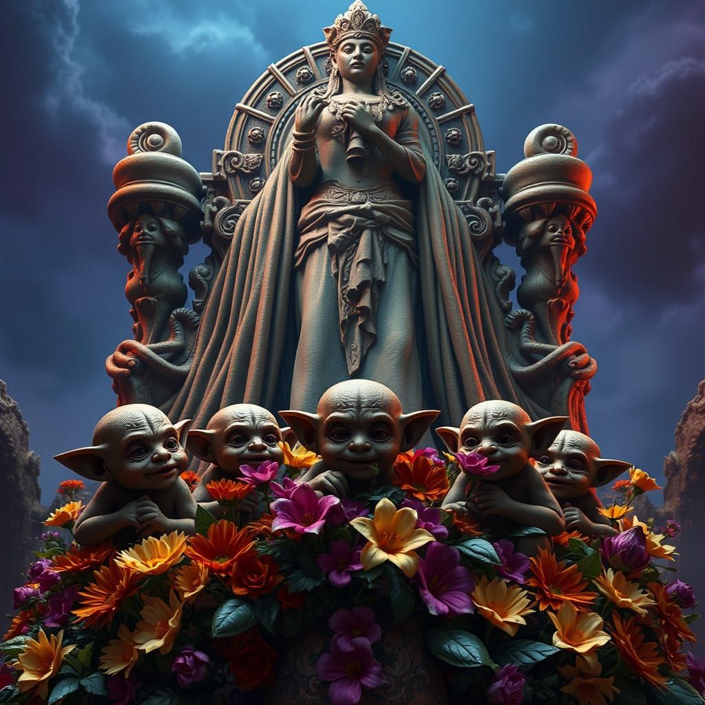 Ancient Fantasy Statue in Whimsical Bloom