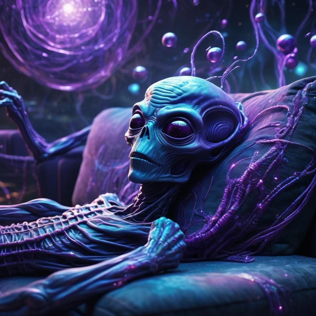 Astral Cosmic Alien on Couch in Mixed Media Illustration