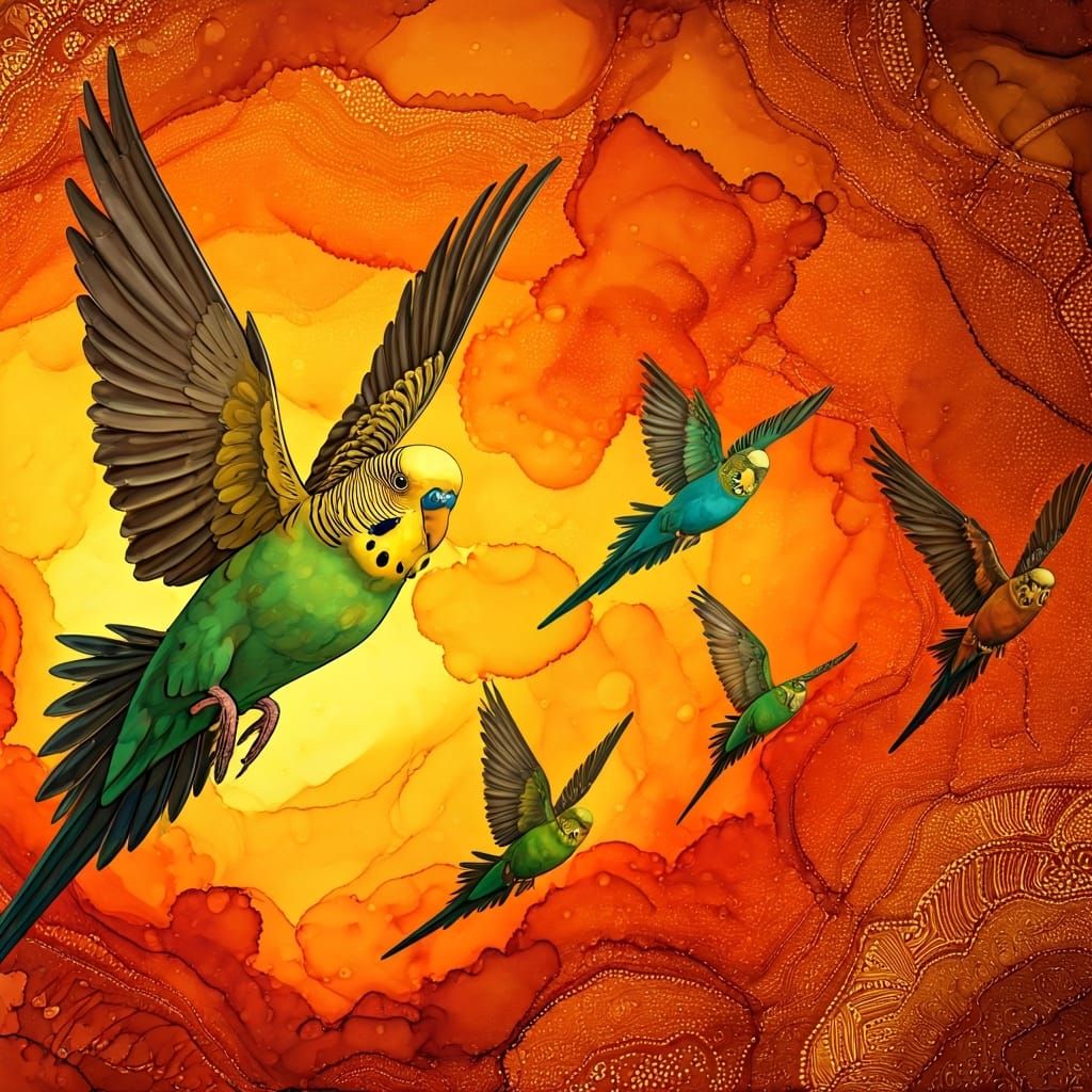 Budgerigars Take Flight at Dusk: Alcohol Ink Art