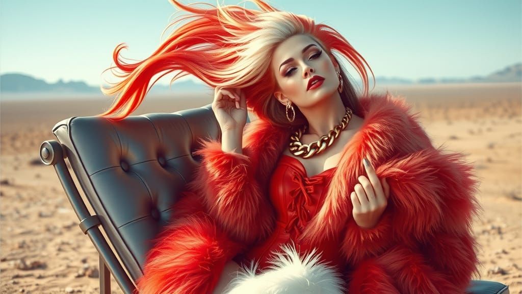 Glamorous Desert Fashionista in Luxurious Fox Fur Coat