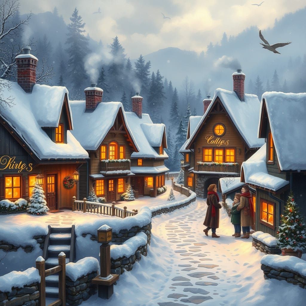 Cozy Winter Wonderland Scene in Whimsical Style