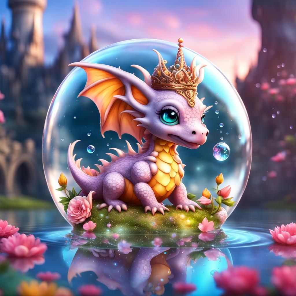 Intricately detailed, stunningly realistic glowing, cute, adorable chibi BABY QUEEN DRAGON with an intricate CASTLE, wit...