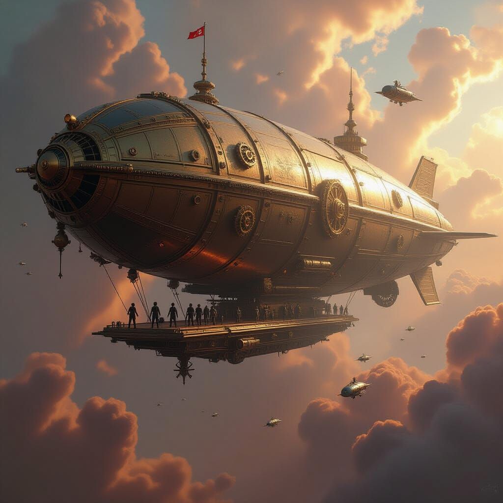 Steampunk Airship in Cosmic Nebula with Robotic Samurai