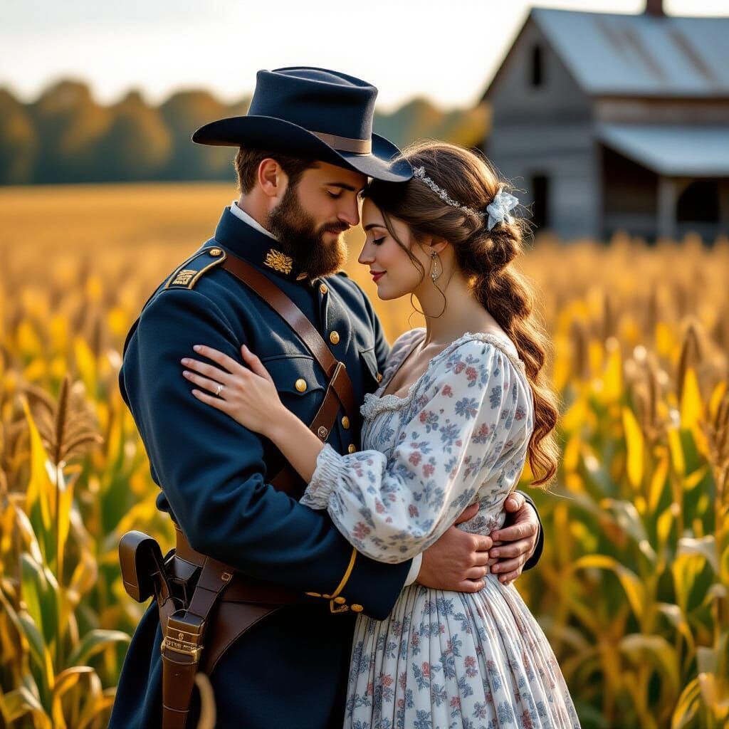 Union soldier embracing his fiancée on the way to war