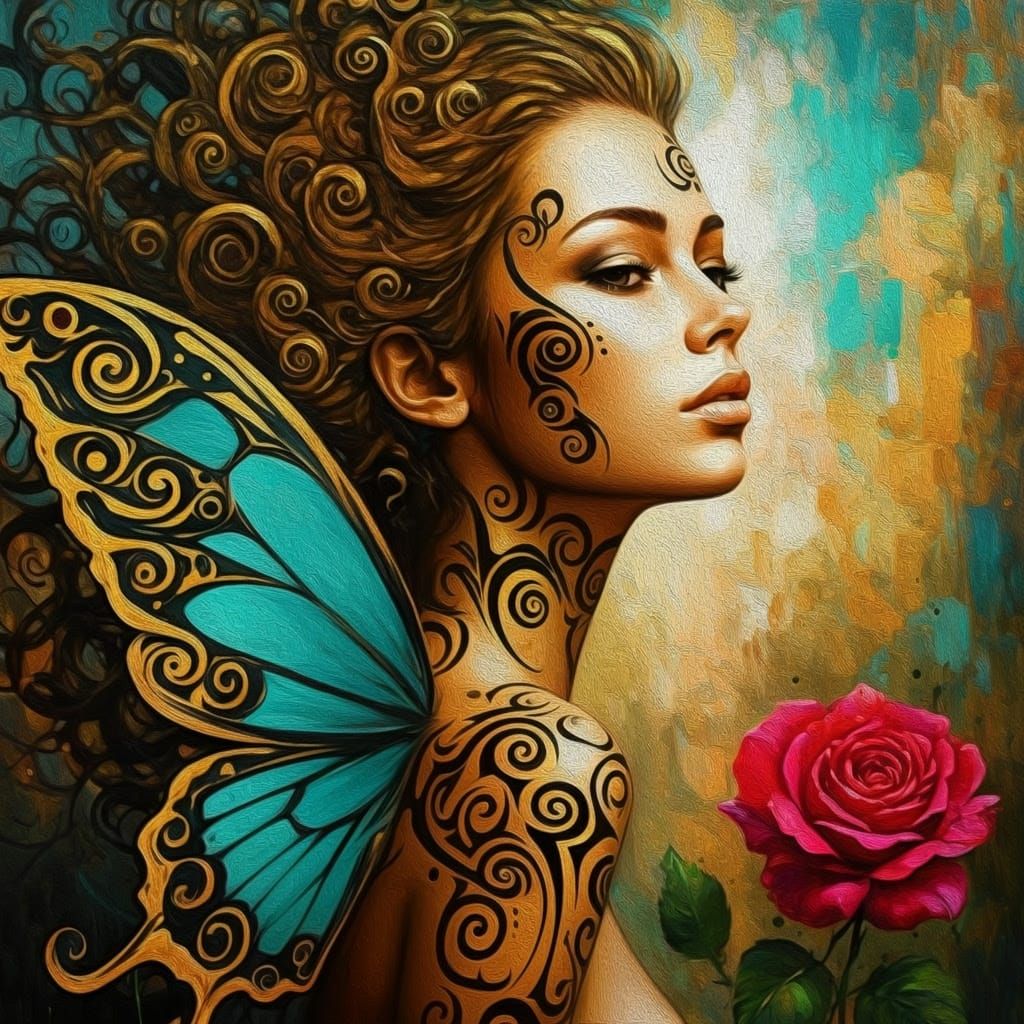 Surreal Woman in Impressionist Oil Painting Style with Golde...