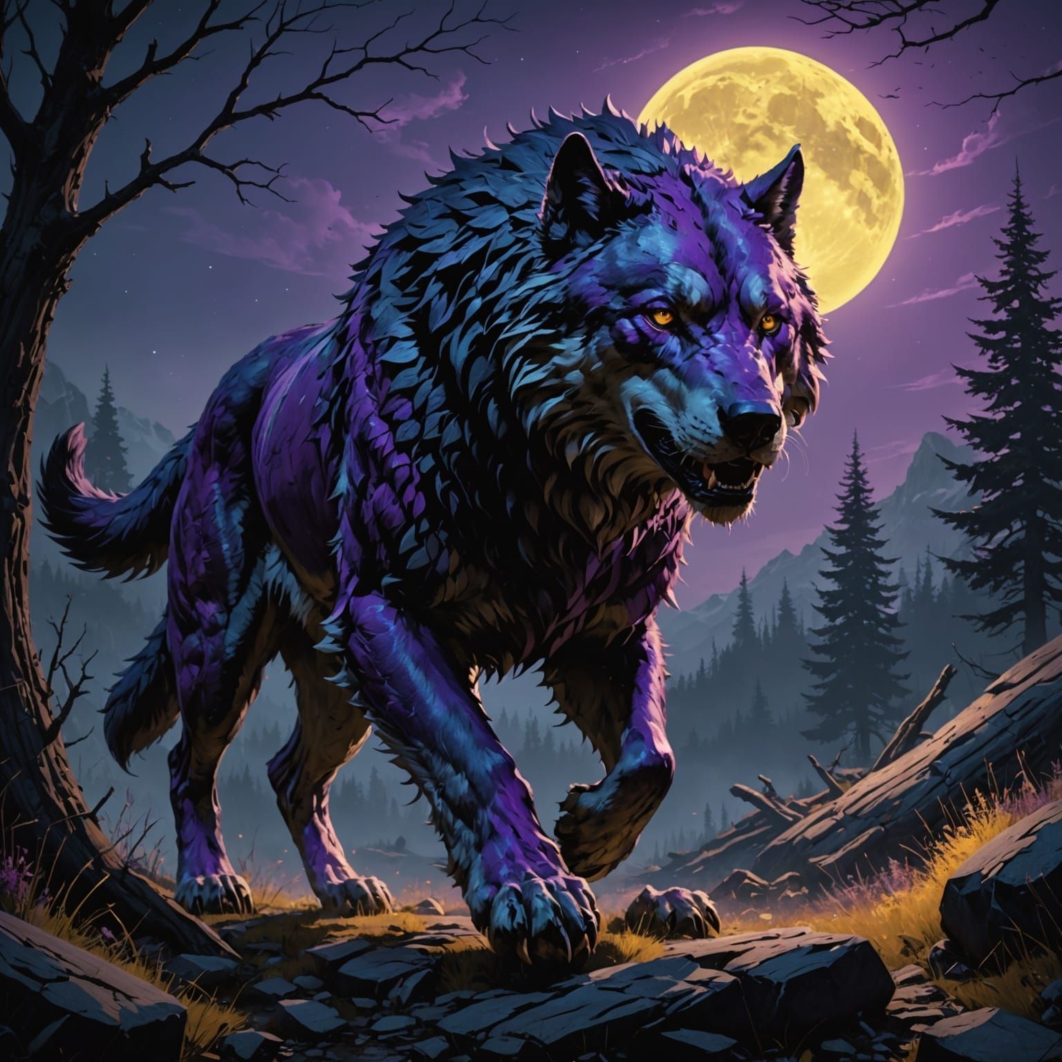 Dire Wolf in Dark Fantasy Nighttime Hunt Scene