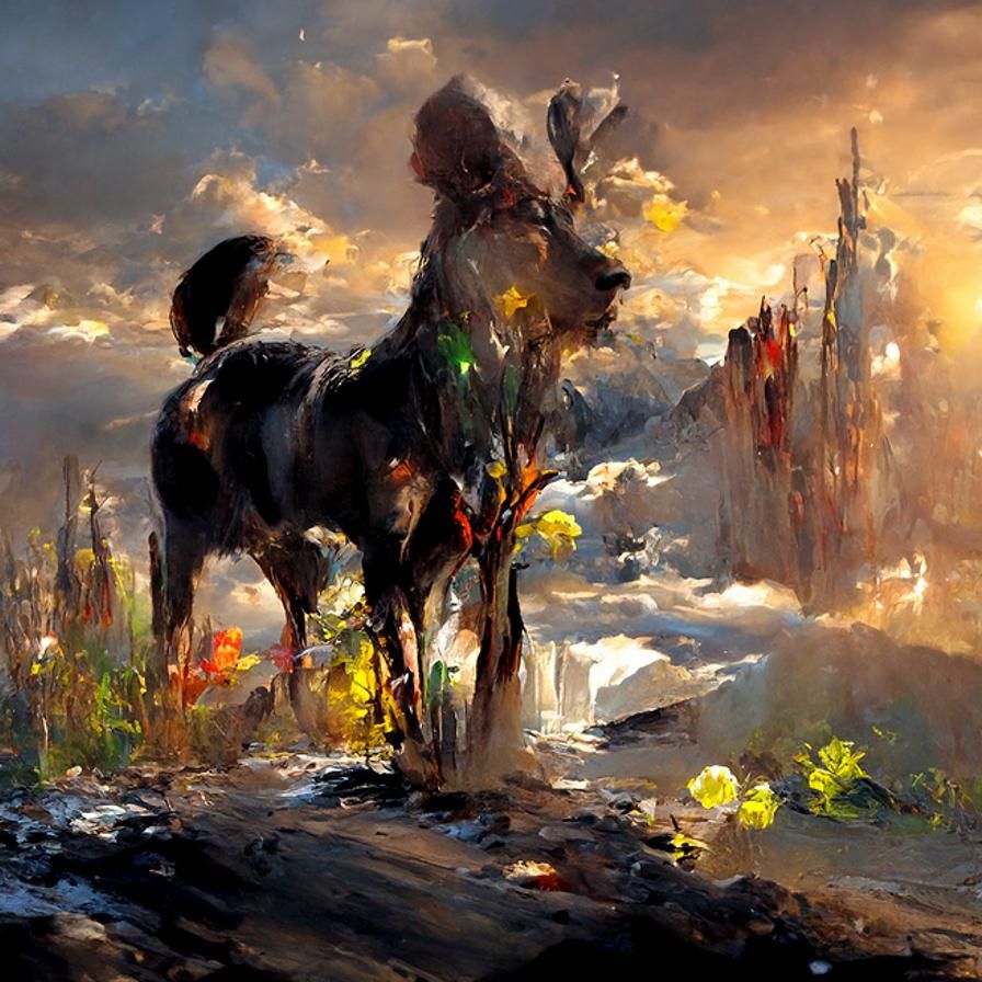 Adorable Dog in Mountain Landscape as Oil Painting