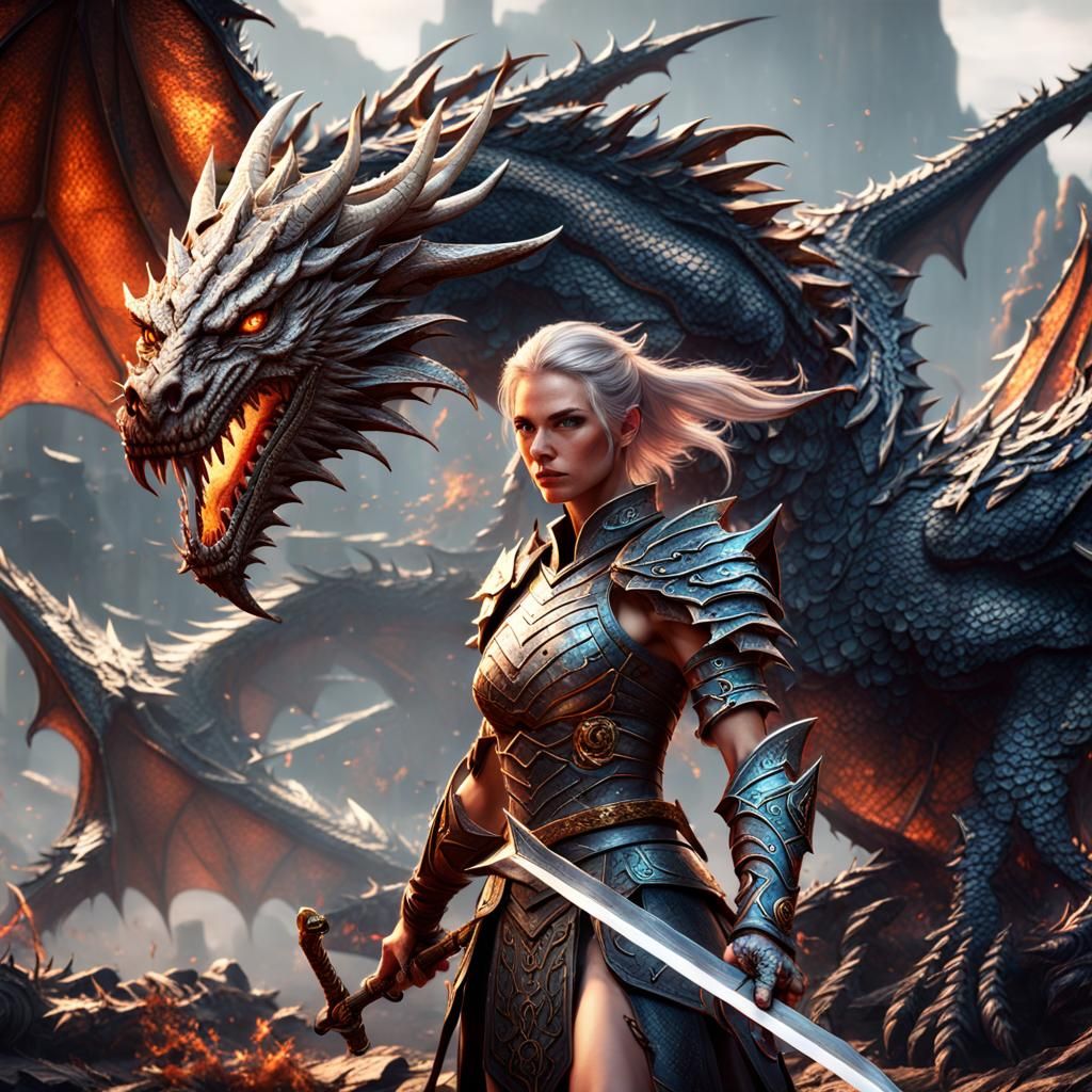 Warrior Woman with Dragon Pet: Fantasy Art