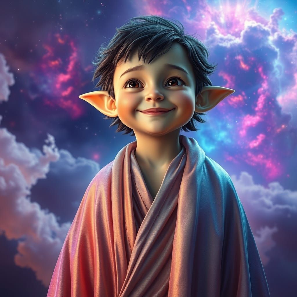 Whimsical Cosmic Being in Iridescent Robe