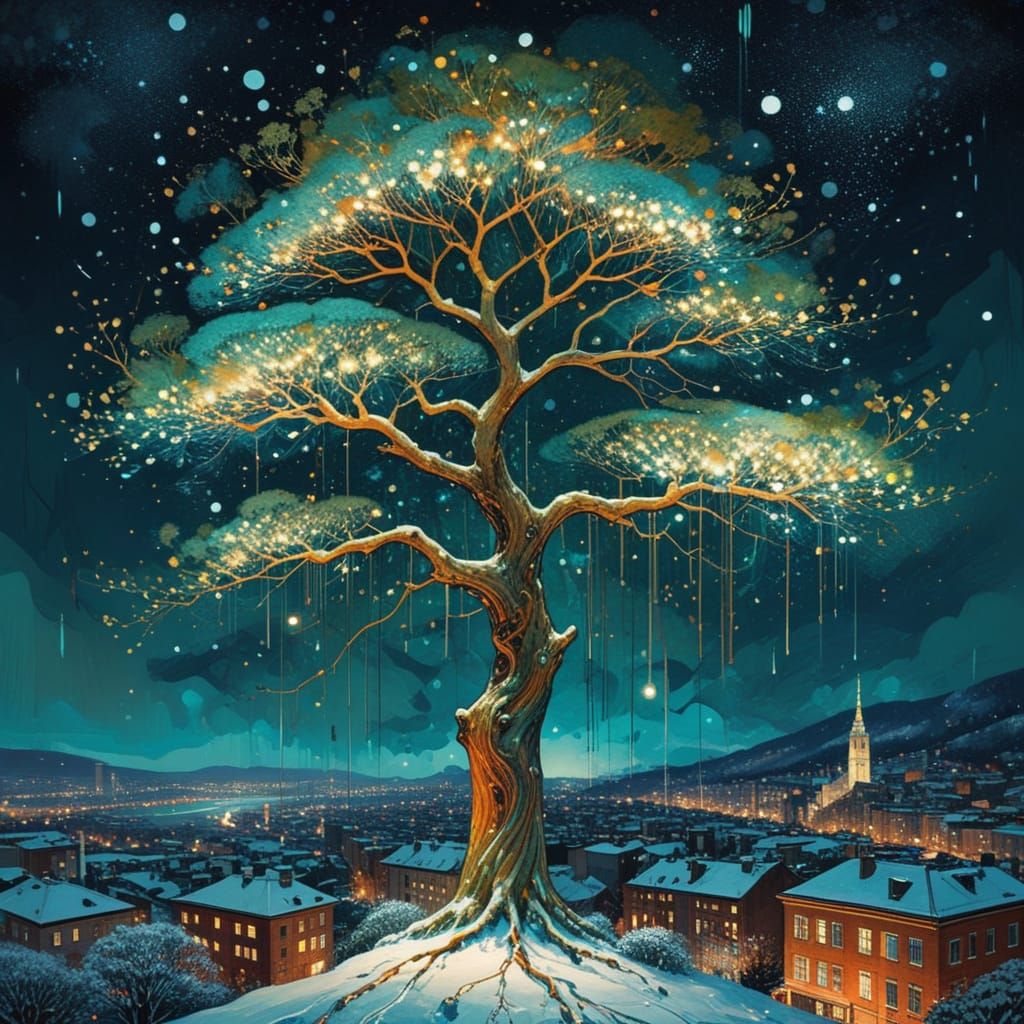 Cosmic Tree Over Glitch City: Surreal Double Exposure