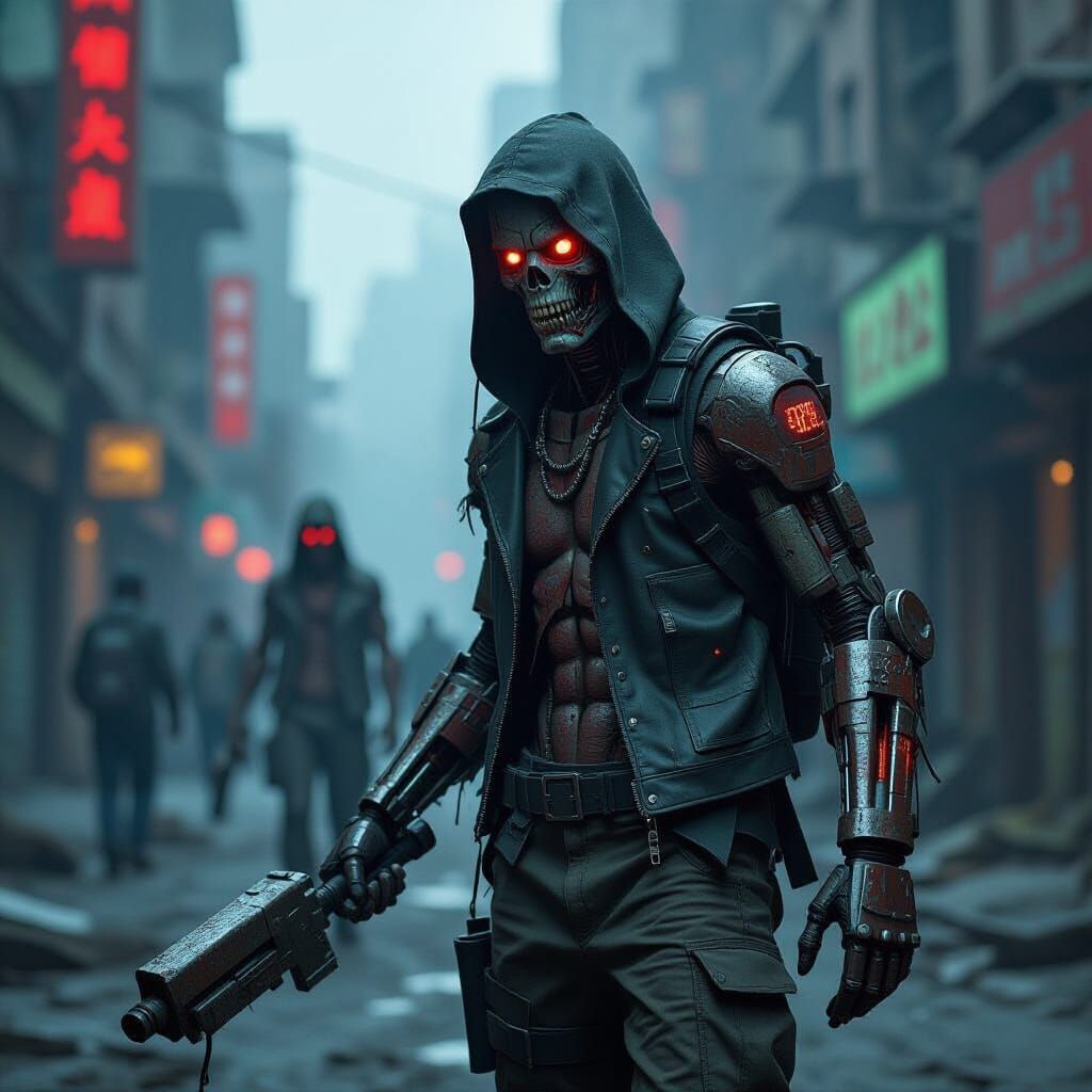 Dystopian Cyborg Zombies Roam Desolate Cityscape