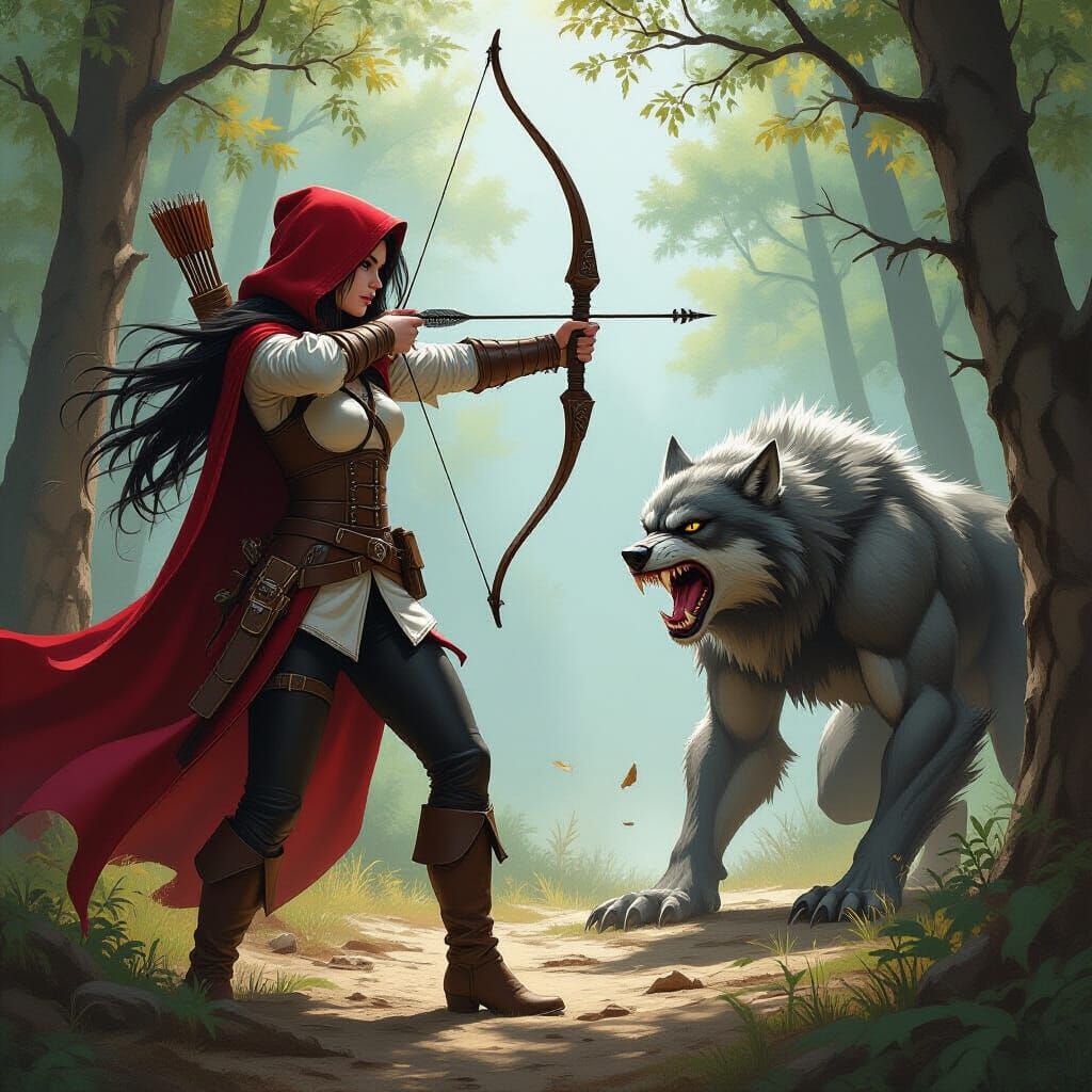 Warrior Woman Battles Werewolf in Dark Fantasy Forest