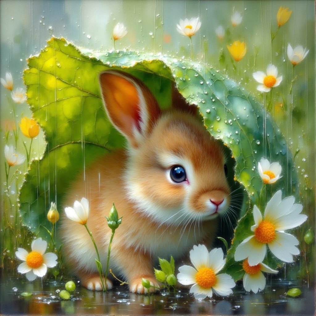 Rabbit Sheltering from Rain in Impressionistic Style
