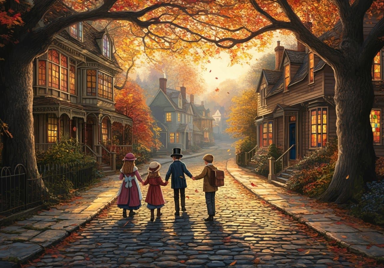 Victorian Children Walk to School in Autumn