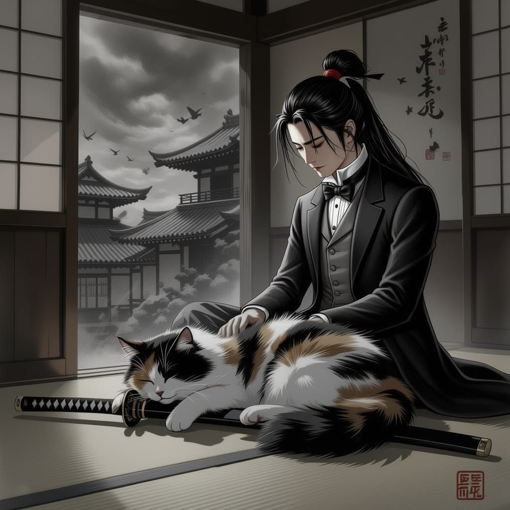 Samurai Cat Napping on Katana in Traditional Japanese Home