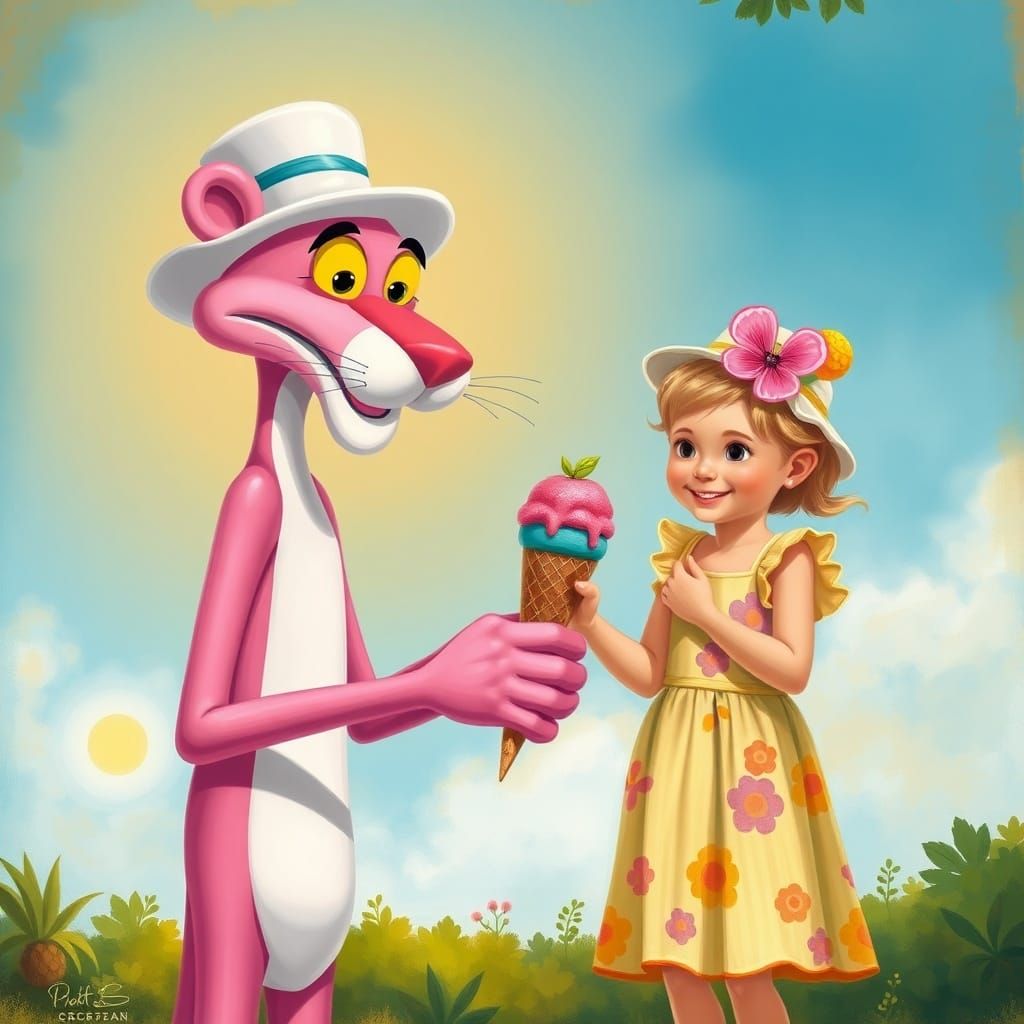Pink Panther Shares Ice Cream with Girl in Sunny Scene