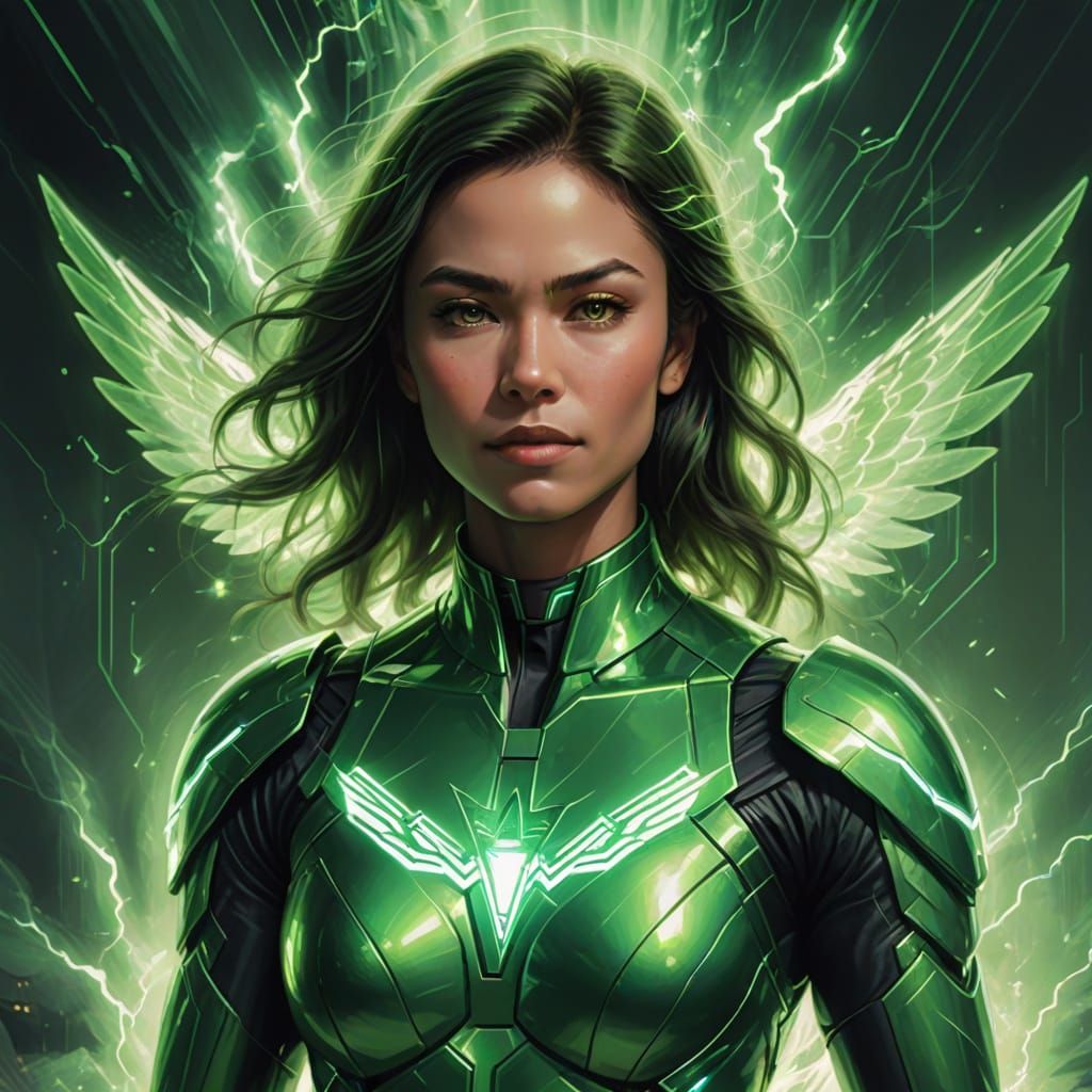 Angelic Woman in Green Suit with Electric Energy