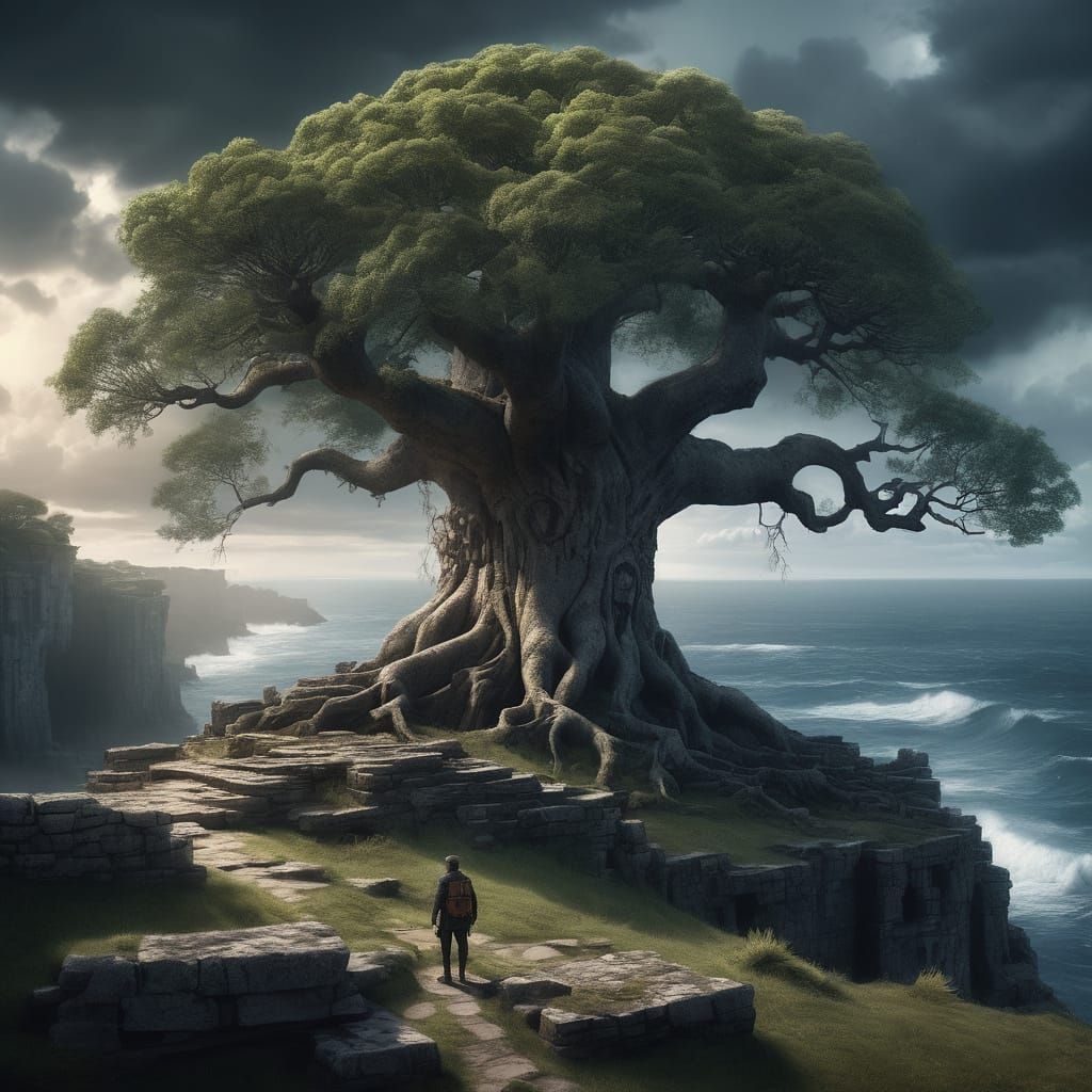 Explorer Gazes at Ancient Tree Overlooking Ruined City