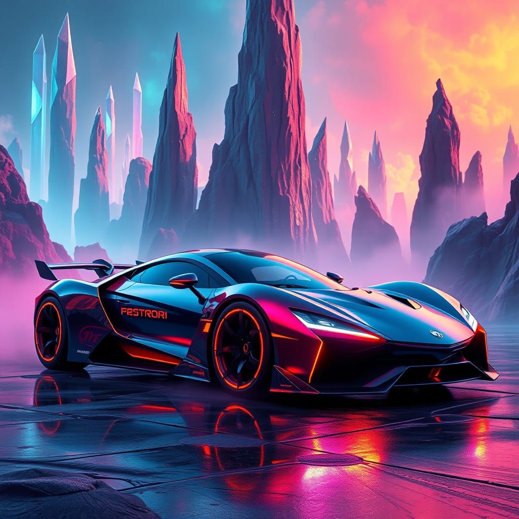 Futuristic Sports Car in Dreamlike Landscape
