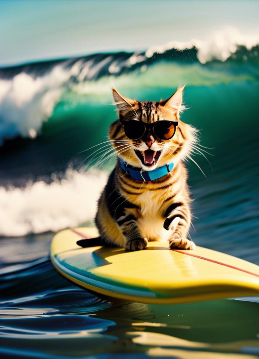 cat surfing on a surfboard