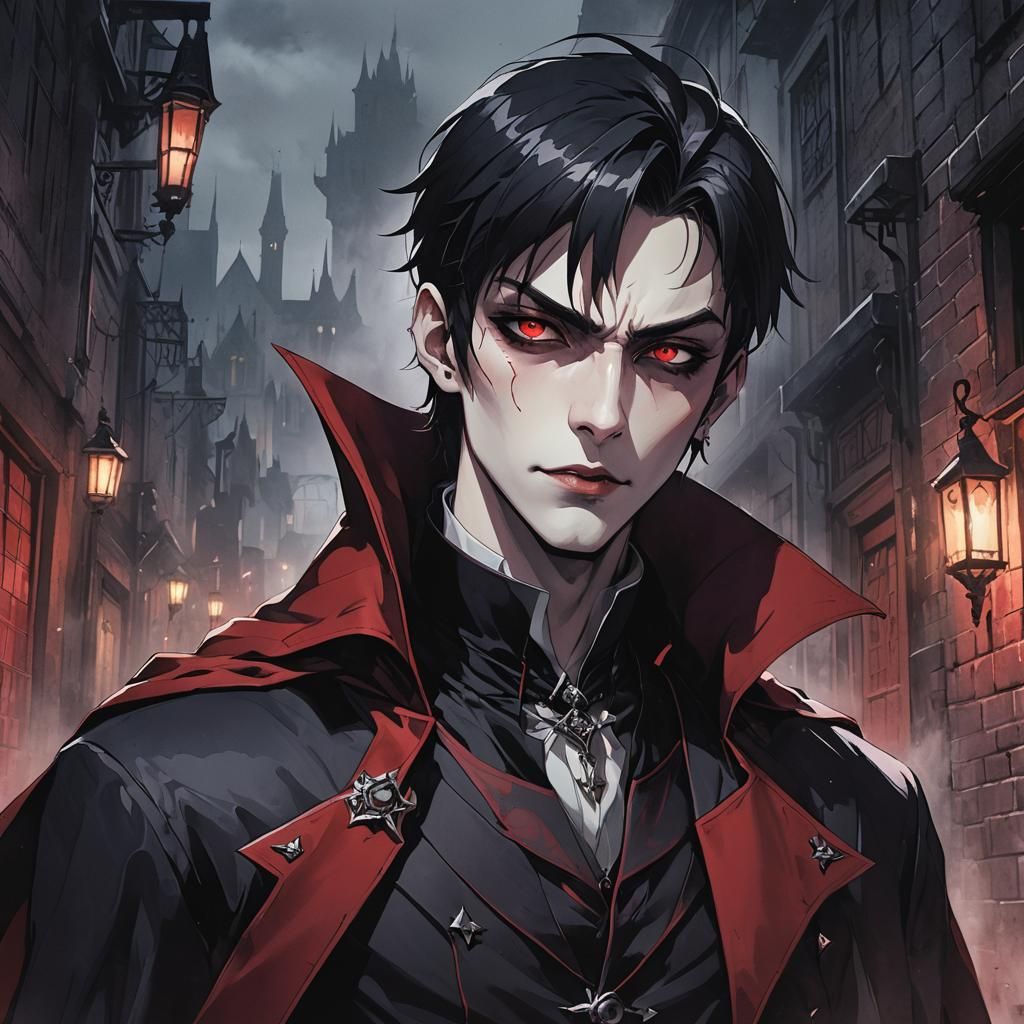 Anime Boy Vampire in Gothic Alleyway