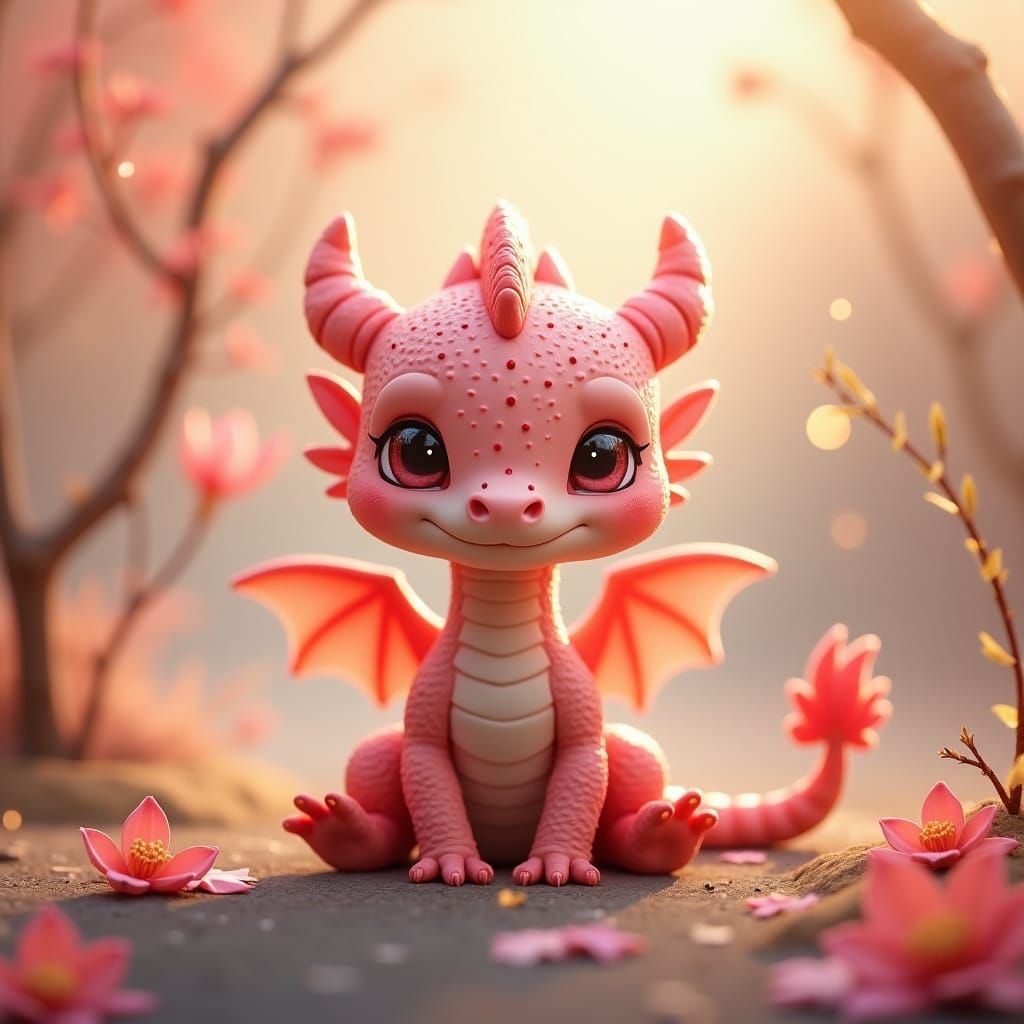 Chibi Pink Dragon in Autumnal Haze: Digital Art