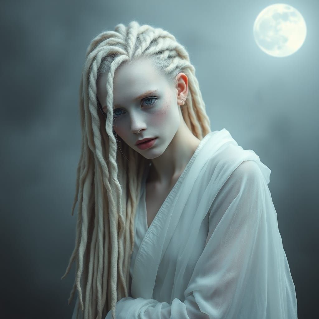 Albino Woman in Moonlight with Melancholy Expression