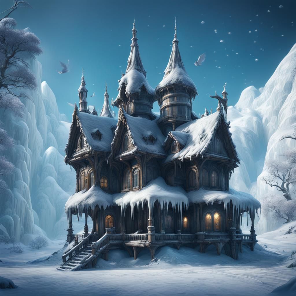 Flying Ice Houses in Snowy Weather