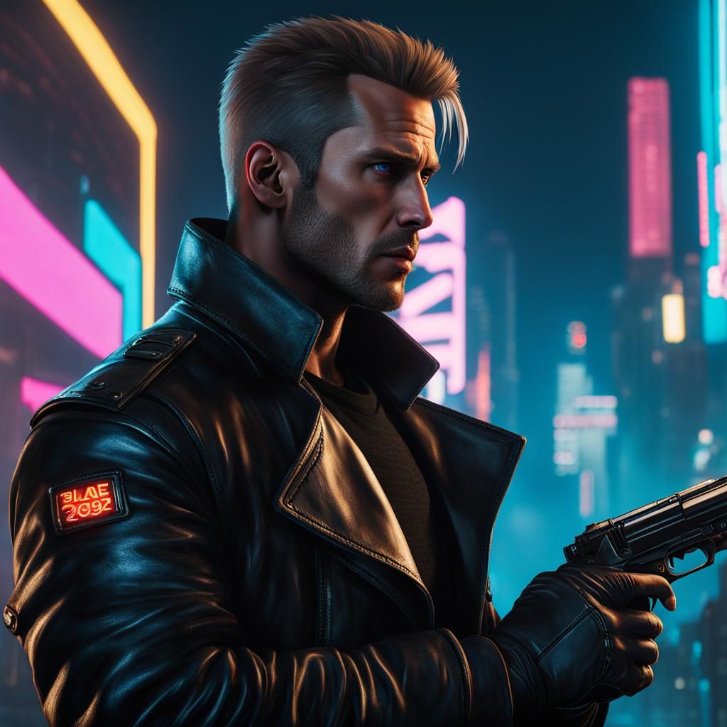 Cyberpunk Man with Shotgun in Neon Cityscape