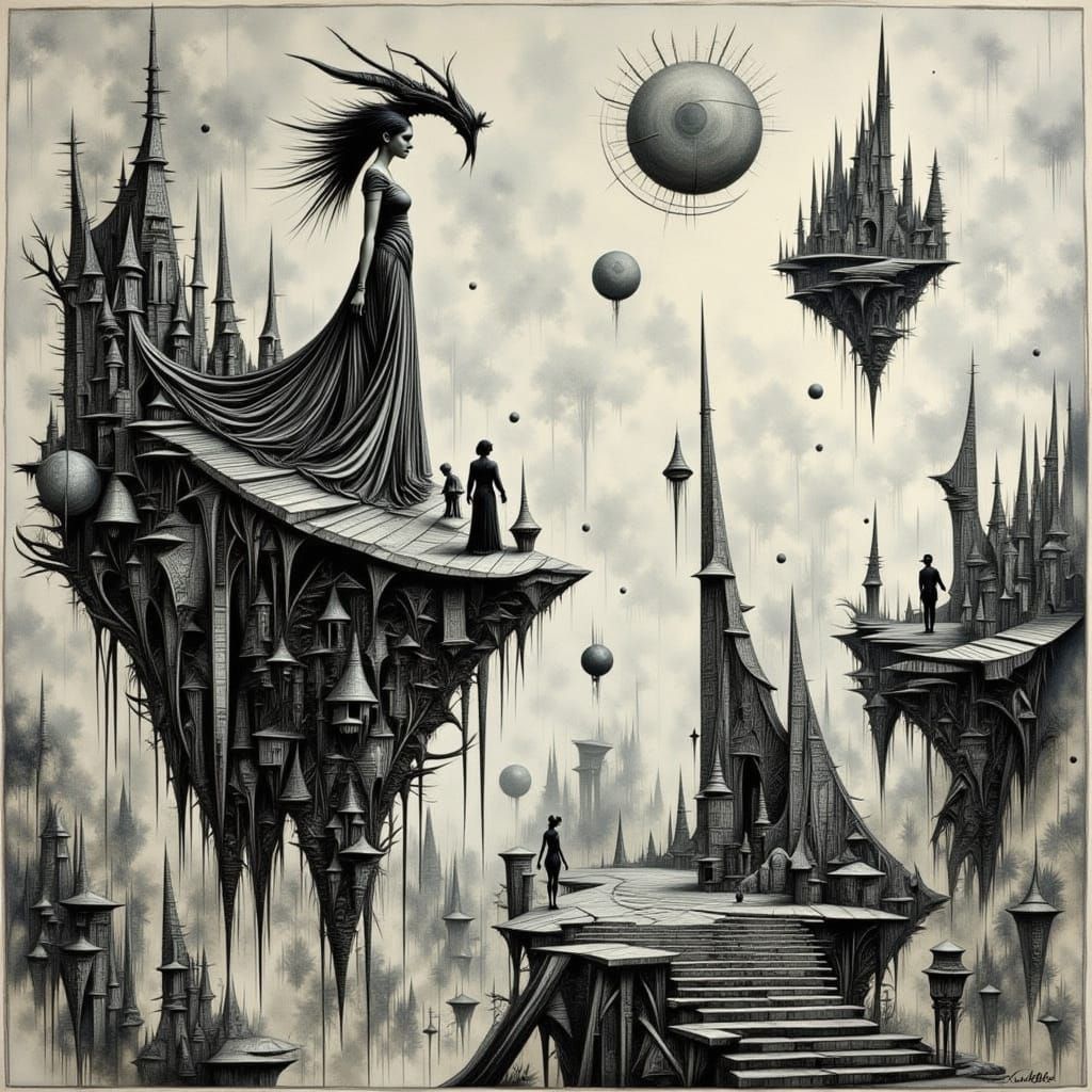 Floating Islands in the Sky: Detailed Charcoal Drawing