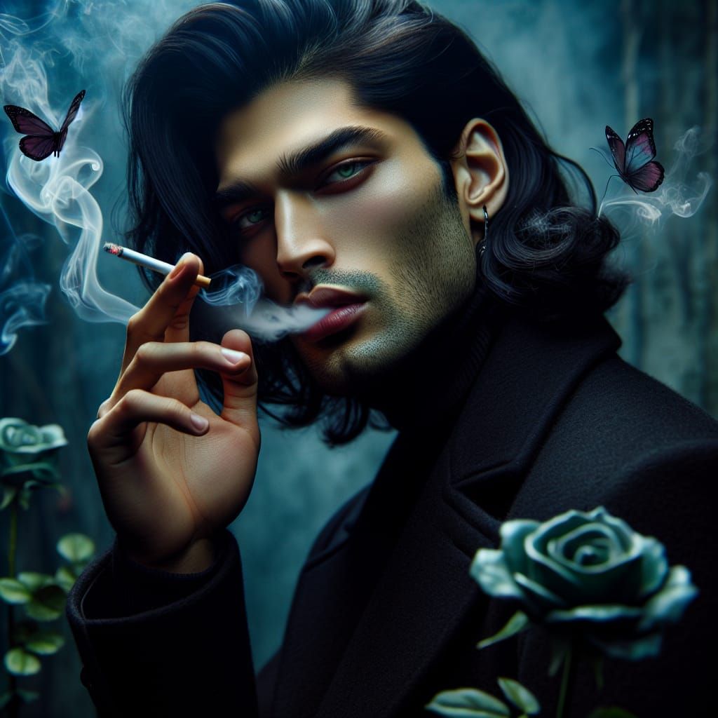Man Exhaling Butterfly Smoke in Dreamy Forest