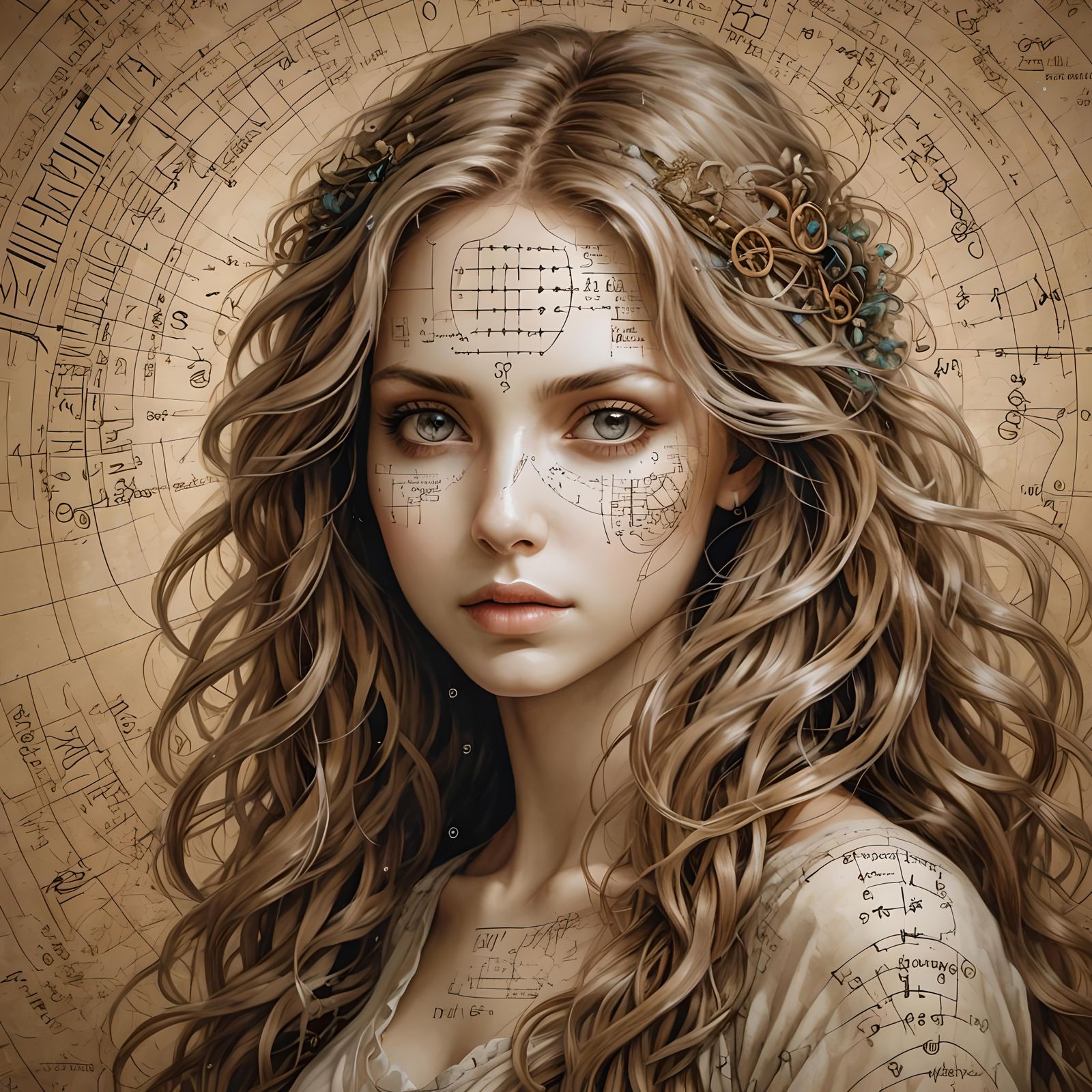 Intricate Illustration of Woman Solving DNA Sequencing