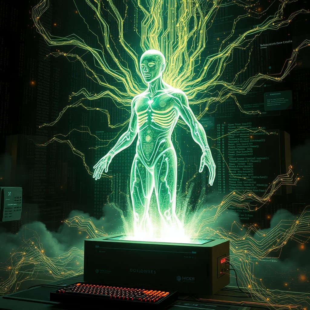 Humanoid AI Emerges From Screen in Cyberpunk Style