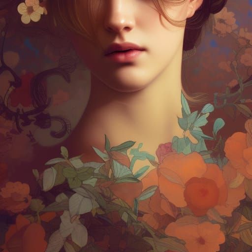 Floral Portrait with Dynamic Lighting in Art Nouveau Style