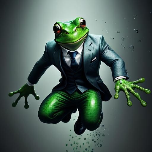 Hyperrealistic Frog in Suit Jumping