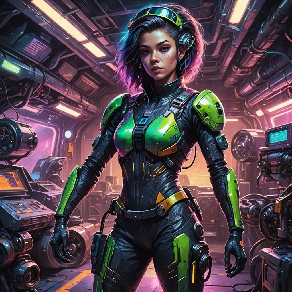 Alien Princess Ninja Mechanic in Futuristic Garage