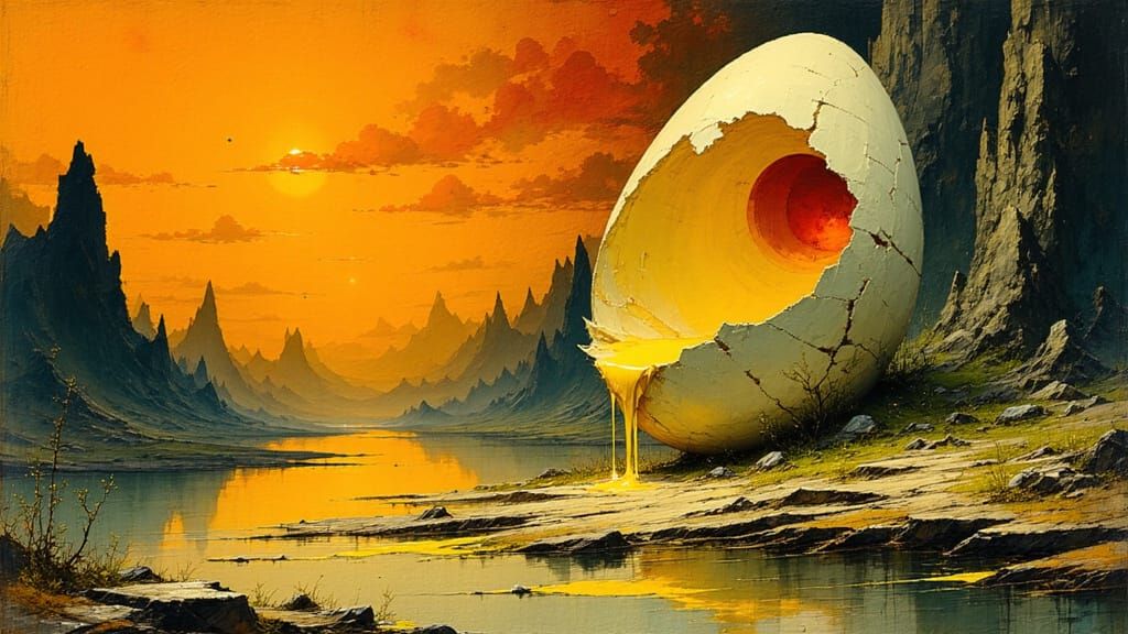 Surreal Landscape with Cracked Egg and Oozing Yolk
