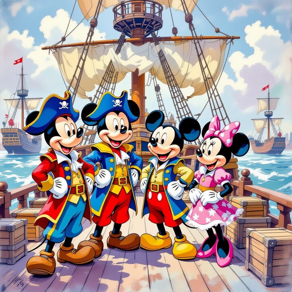 Mickey and Friends as Pirates Sailing to America