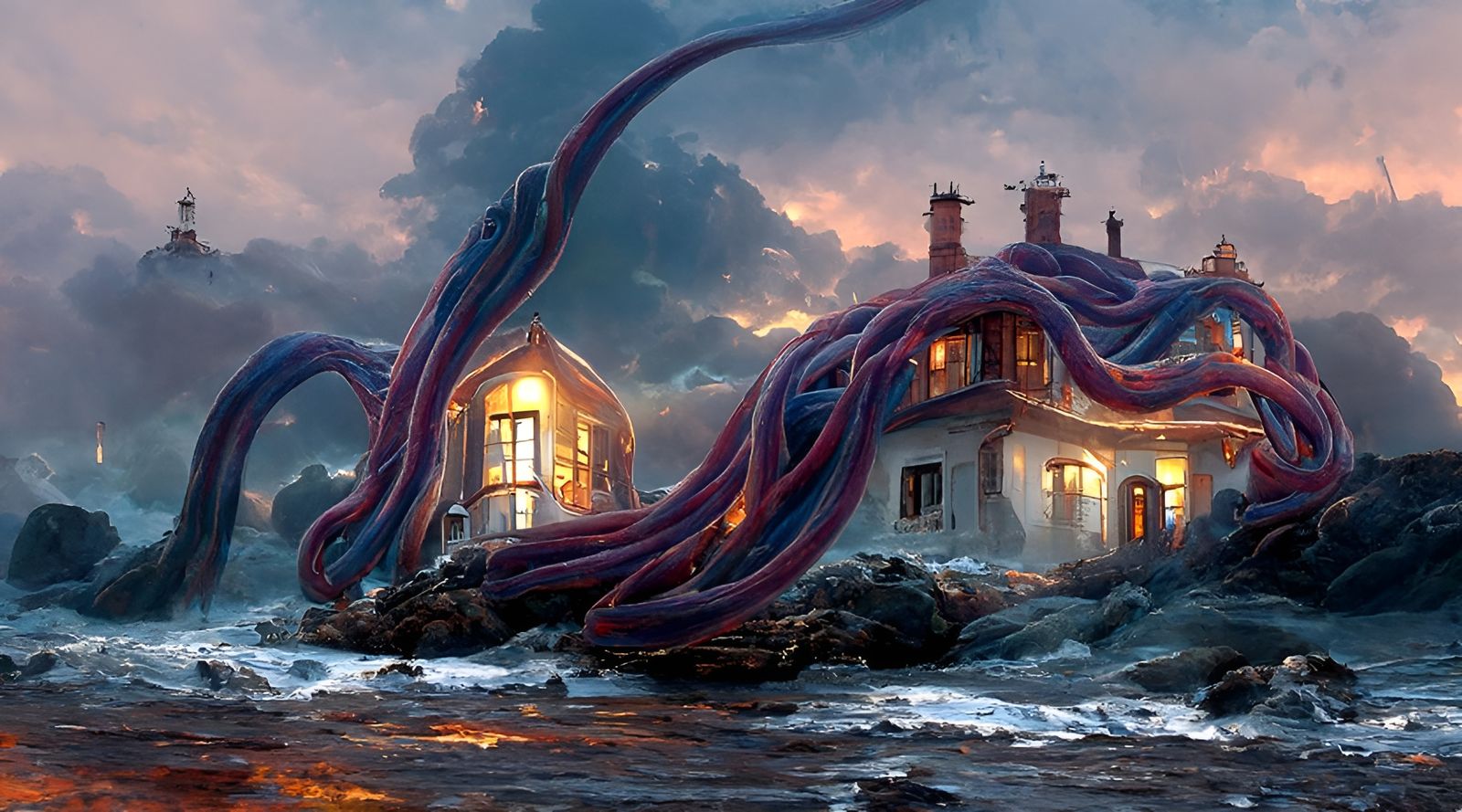 House Wrapped in Tentacles: Romanticism Painting