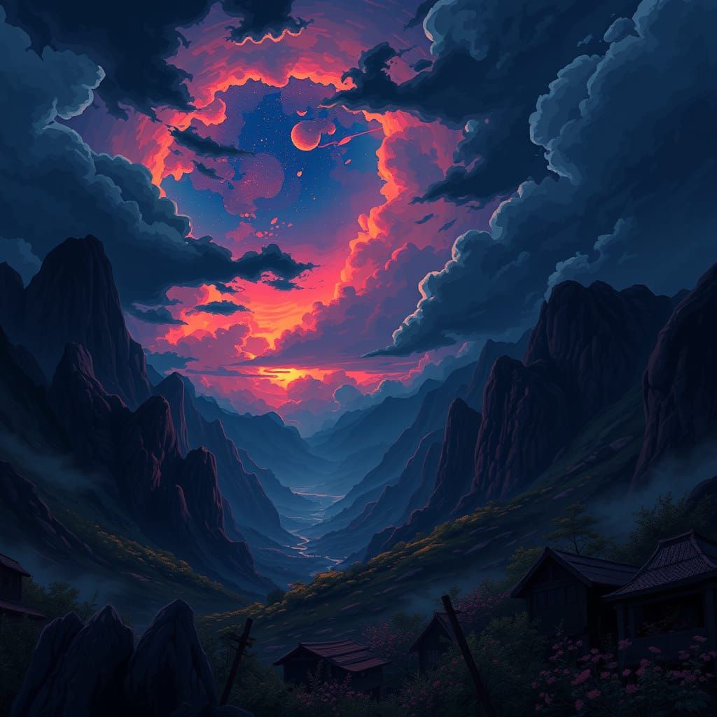 Dramatic Dark Landscape in Cel-Shaded Manga Style