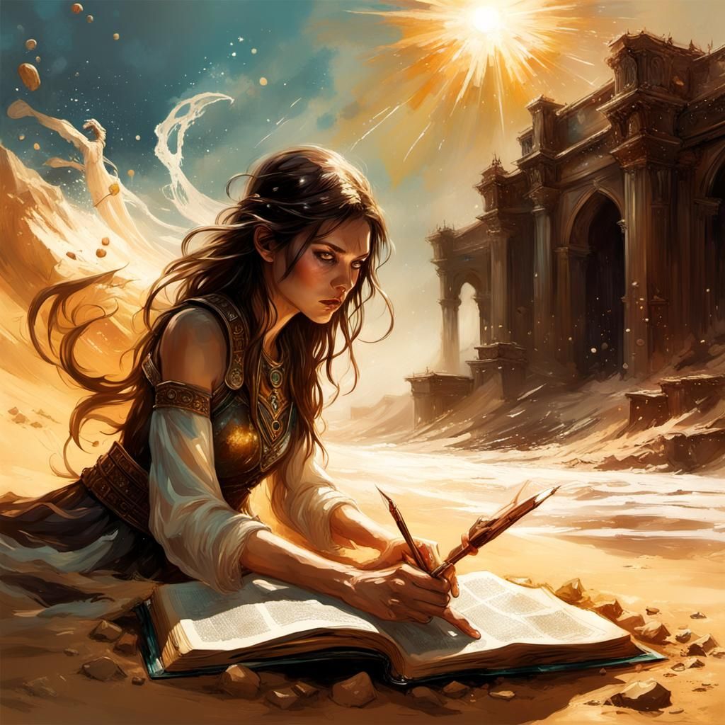 Writing furiously under a hot desert sun