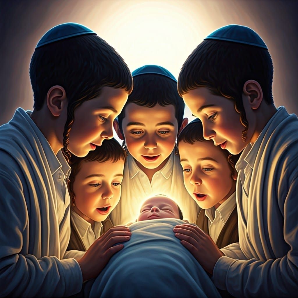 Orthodox Jewish Children Gather Around Newborn in Vibrant, D...