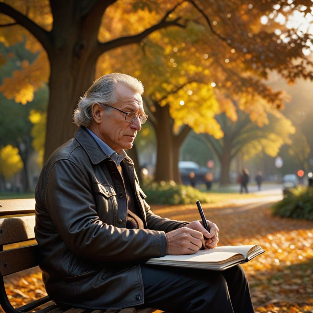 Elderly Man Sketching Autumn Scene at Sunset