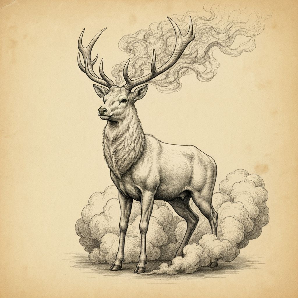 Albino Stag with Smoke Antlers in Charcoal Drawing Style