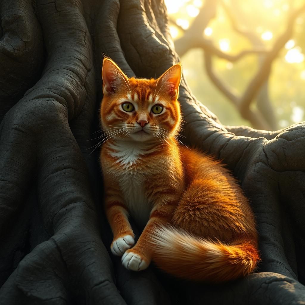 Orange Tabby Cat in Sunlit Forest, Fantasy Art