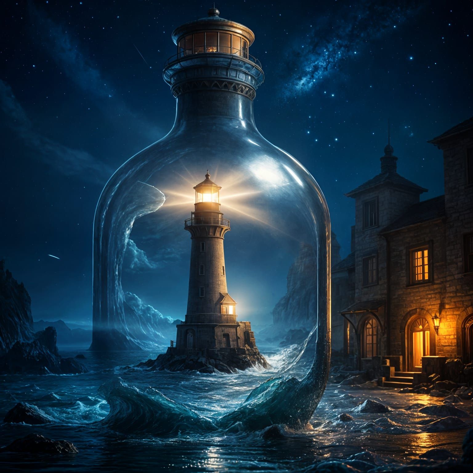 Lighthouse in a Bottle Fantasy Scene